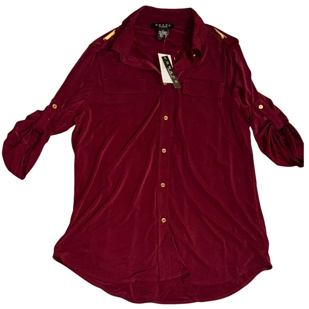 Grace Womens Burgundy Button-Up Blouse With Ruched Sleeves & Shoulder Accents -